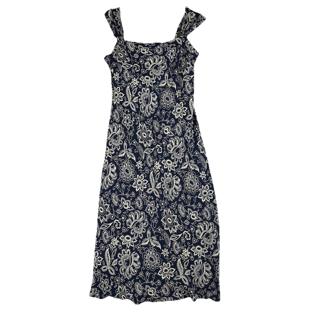 Lauren Ralph Lauren Vtg Silk Navy Blue Floral Sheath Dress Size 6 Luxury Classic